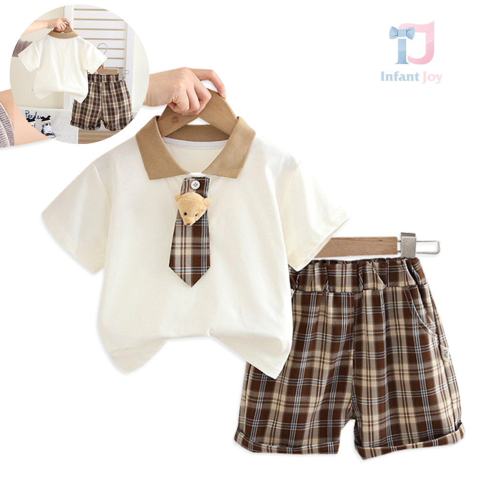 3-piece t-shirt, tie with teddy bear and plaid shorts set Mr. Teddy Scholar