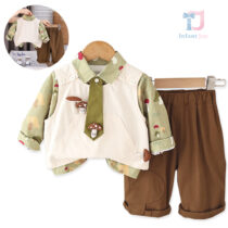 4-piece vest with extravagant fastening, forest print shirt, detachable tie and trousers set Mushroom Scout Beige