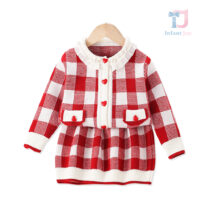 2-piece elegant checked knit cardigan and skirt set Red Parisian