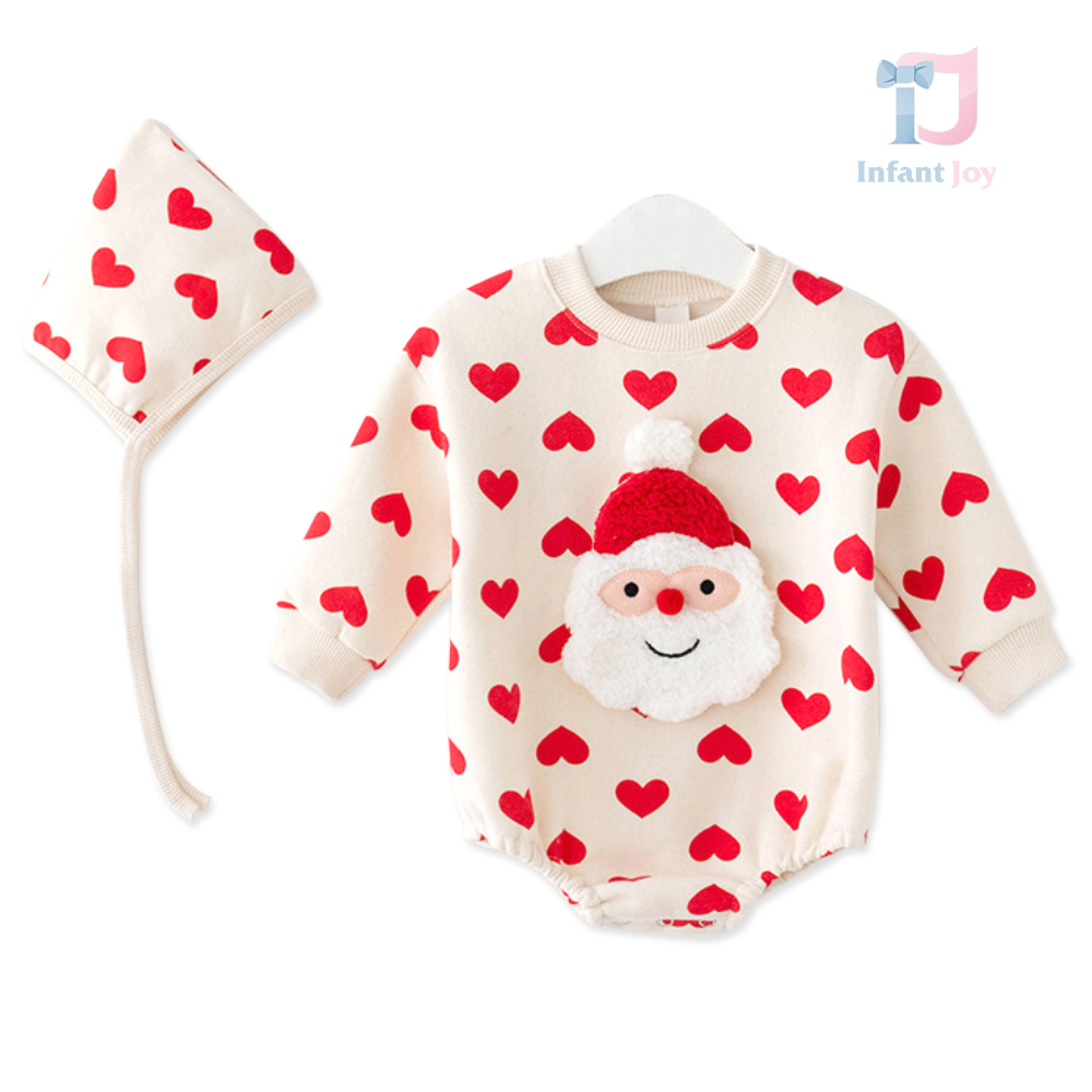 2-piece christmas bodysuit and hat set with long sleeves and 3d element Santa’s Baby Hearts