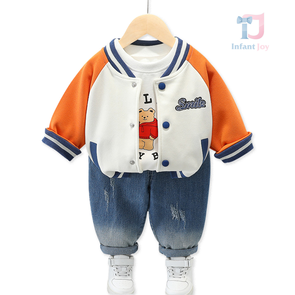 3-piece bomber, denim trousers and 3d teddy bear on the back set Smile Holdy Bear and Smile Holdy Bear