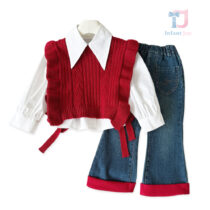 Premium 3-piece vest, shirt with extravagant collar and denim trousers set Sweet Scarlet