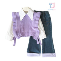 3-piece Premium vest, shirt with extravagant collar and denim trousers set Sweet Scarlet Lilac