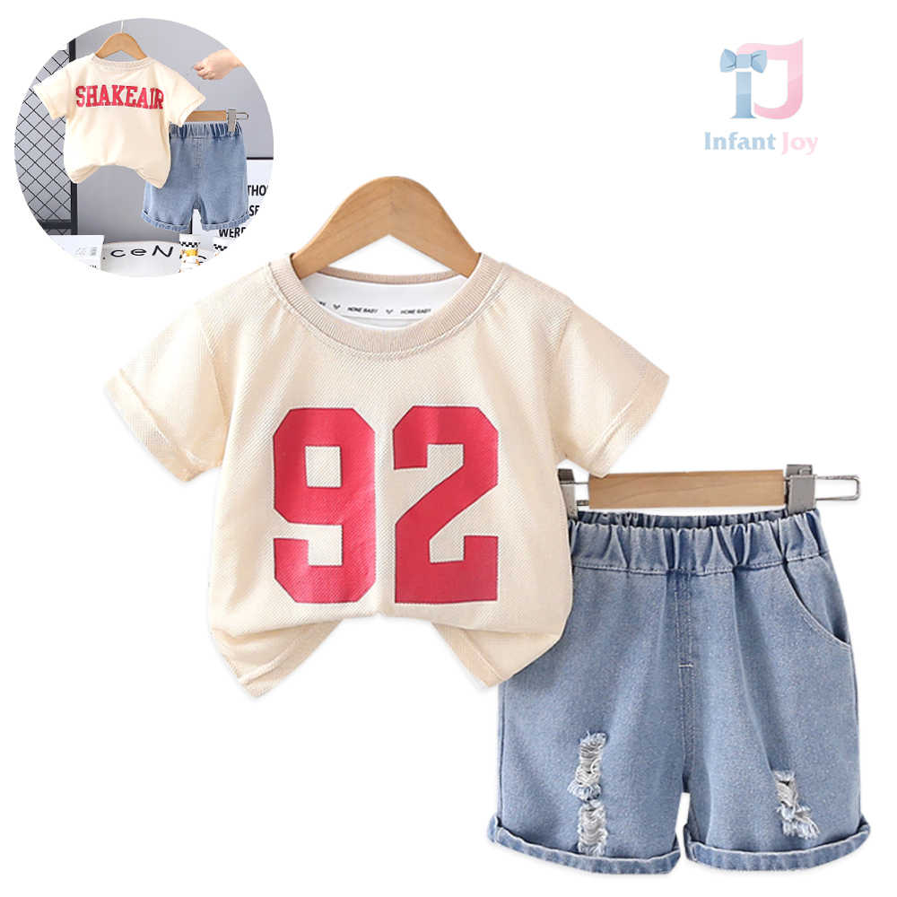 3-piece t-shirt and denim shorts set with distressed areas Team Player Beige
