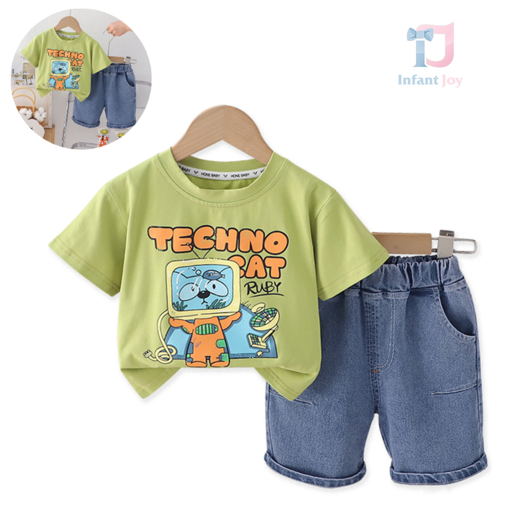2-piece t-shirt and short denim trousers set Techno Cat Green