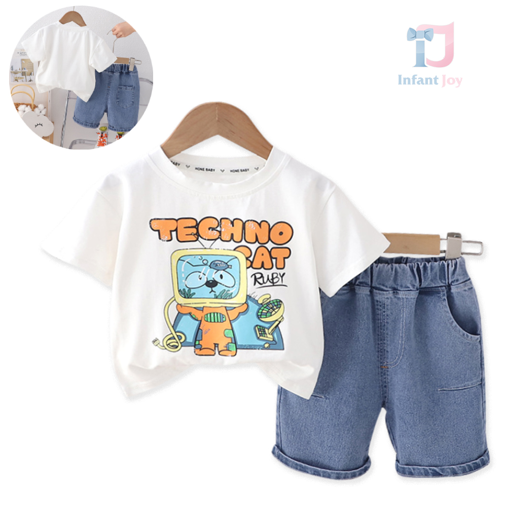 2-piece set with short denim trousers Techno Cat White