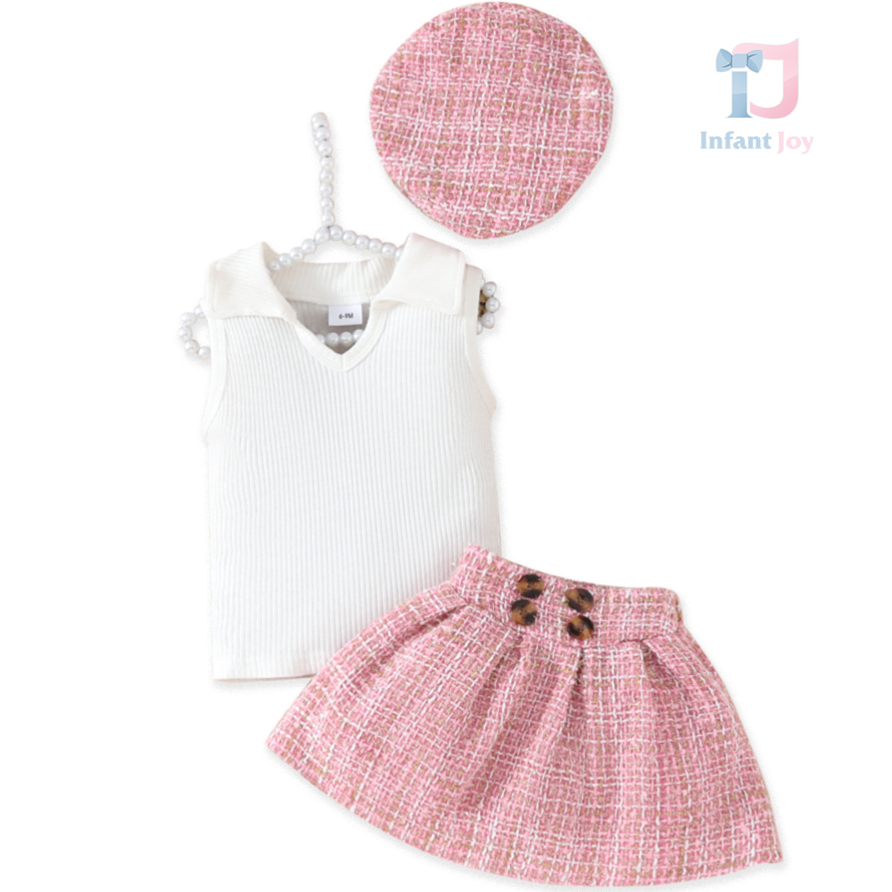 3-piece boucle, ribbed top and beret set Trendy Girl Pink