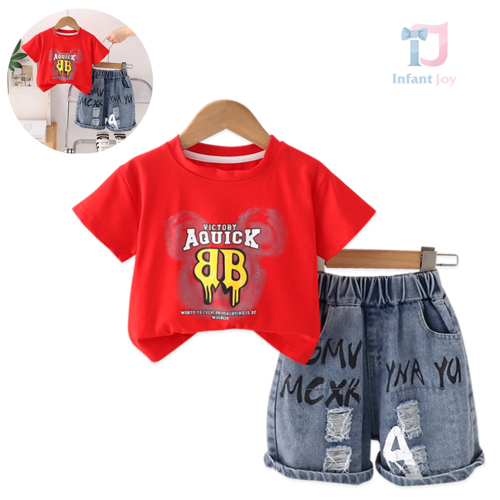2-piece t-shirt and denim shorts with multiple modern prints Urban Beat Red