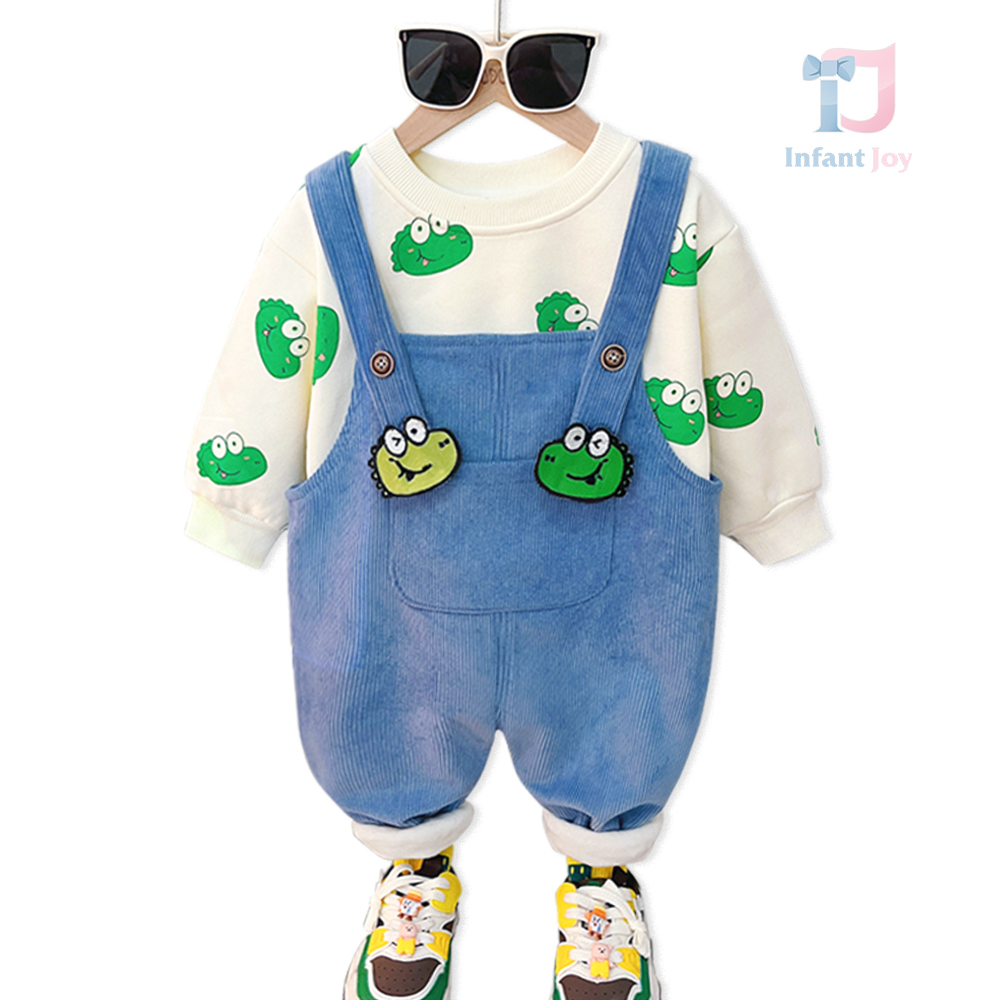 2-piece padded set with denim overalls with velvet effect and embroidery Green Dinos