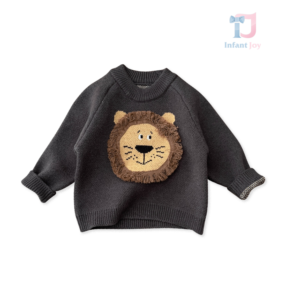 Premium, knitted sweater with woven applique and 3D elements Lion Graphite