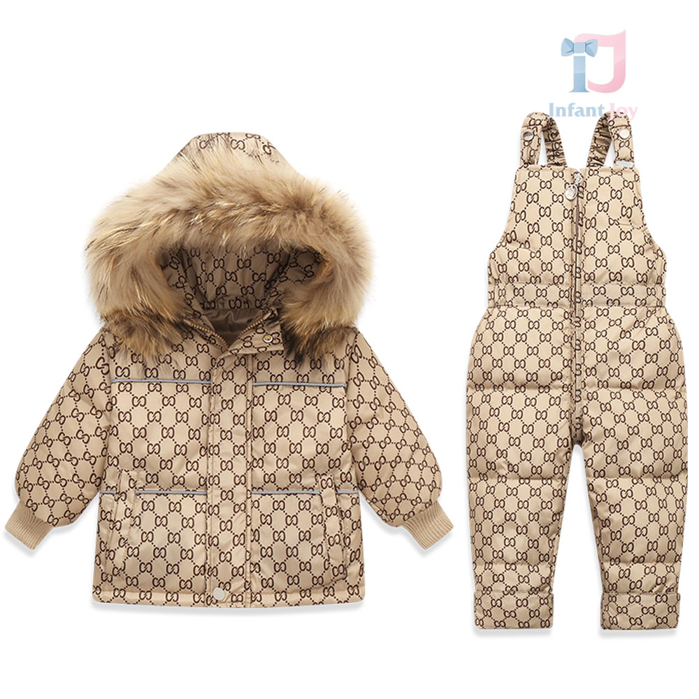 2 részes prémium vízálló síszett overallal és természetes szőrmés kapucnival ellátott kabáttal Snow Titan Beige