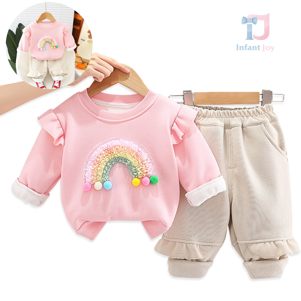 2-piece premium quilted blouse/sweatshirt with ruffles and 3d elements and chic denim trousers set Rainbow Candy Pink