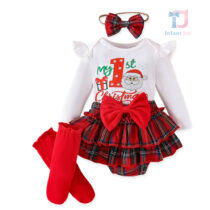 4-piece christmas bodysuit, bloomer skirt, headband and socks set First Christmas