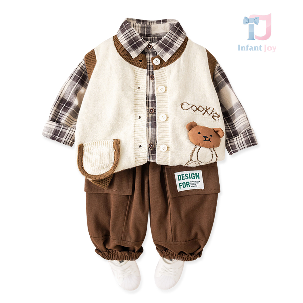 3-piece set with knitted vest, plaid shirt, and trousers Cookie Design
