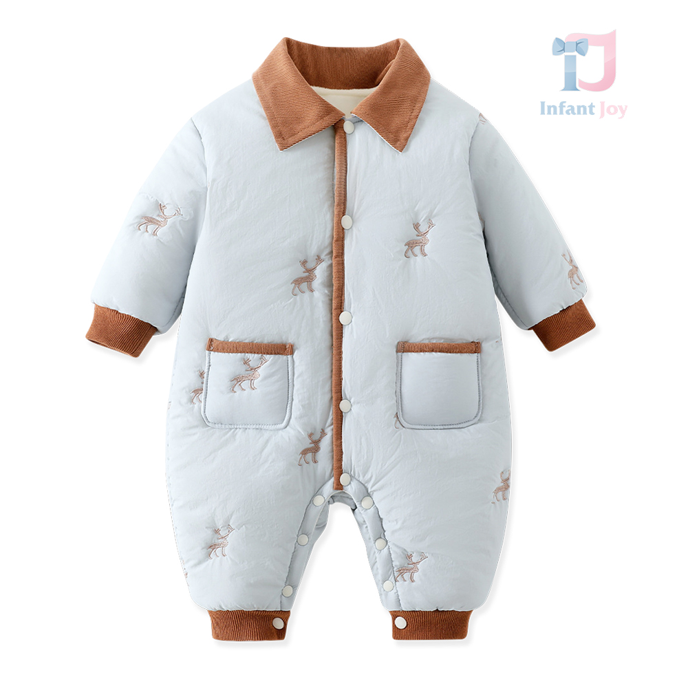 Lined jumpsuit with classic collar and embroidery Forest Deer Blue