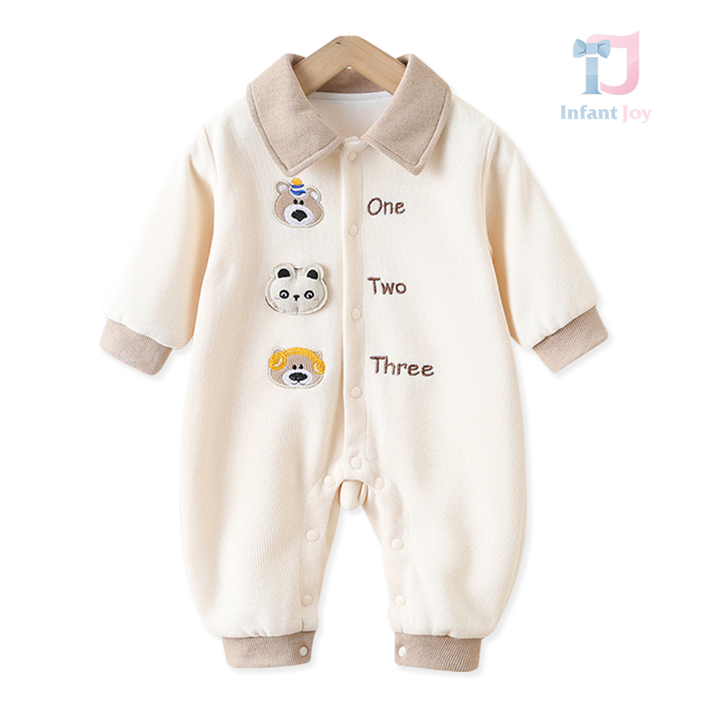 Romper with classic collar, snap fastening and appliqués Bear Numbers Beige