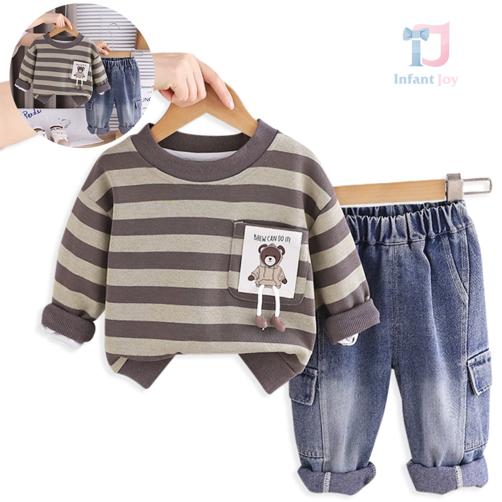 2-piece blouse/sweatshirt with emblem, 3d element and denim trousers Can Do It