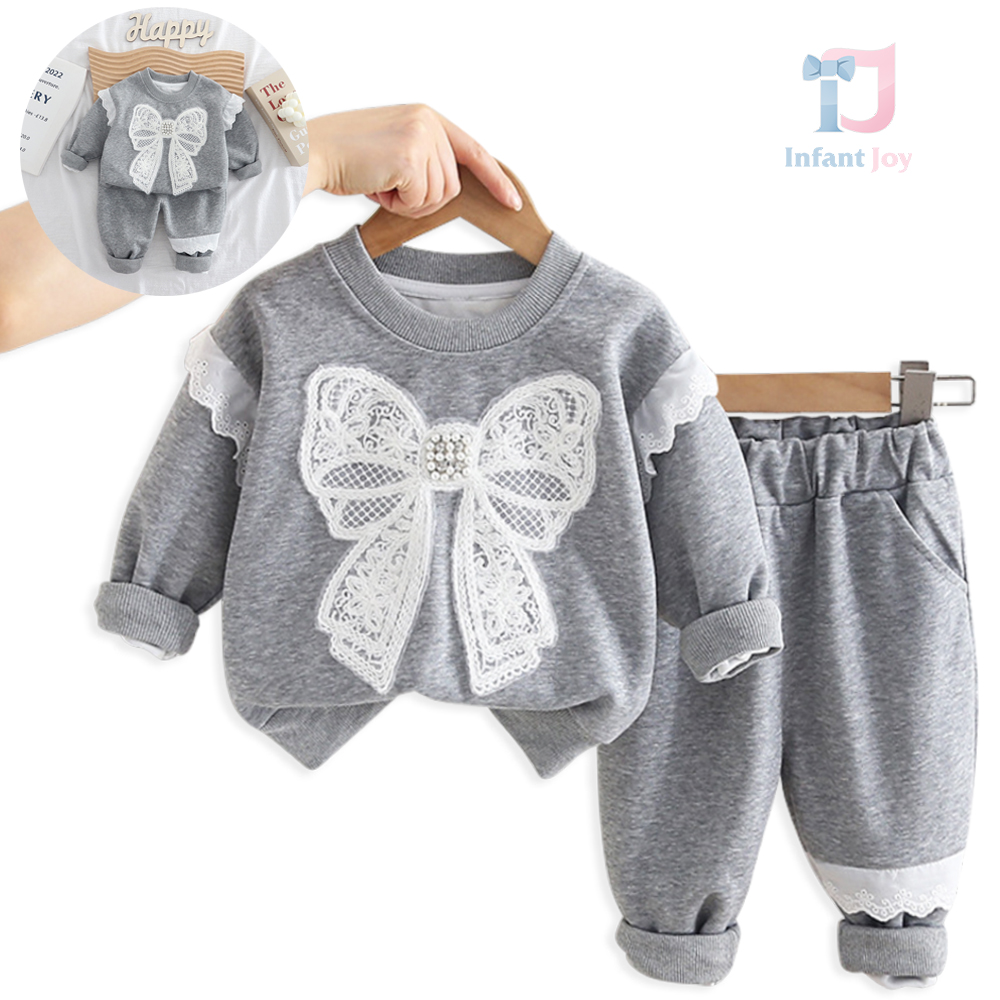 2-piece sporty sweatshirt and trousers set with large appliqué and lace Sporty Ribbon Grey