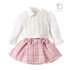 3-piece elegant set with knitted vest, classic collar shirt and plaid skirt Velvetie