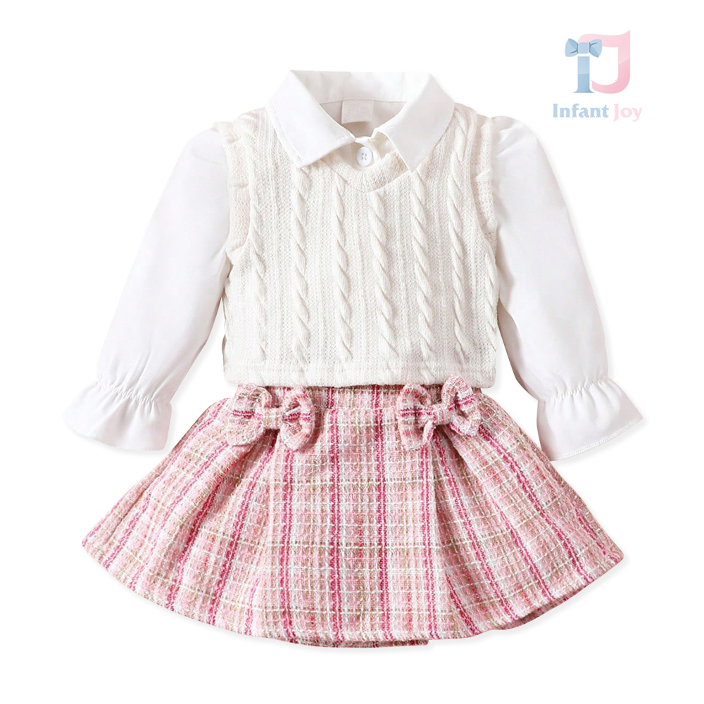 3-piece elegant set with knitted vest, classic collar shirt and plaid skirt Velvetie