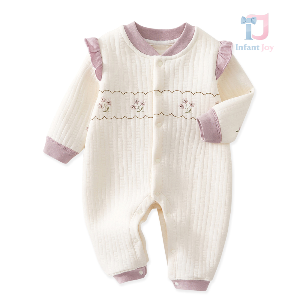 Premium ribbed cotton romper with ruffles and snap buttons Beauty Lavender