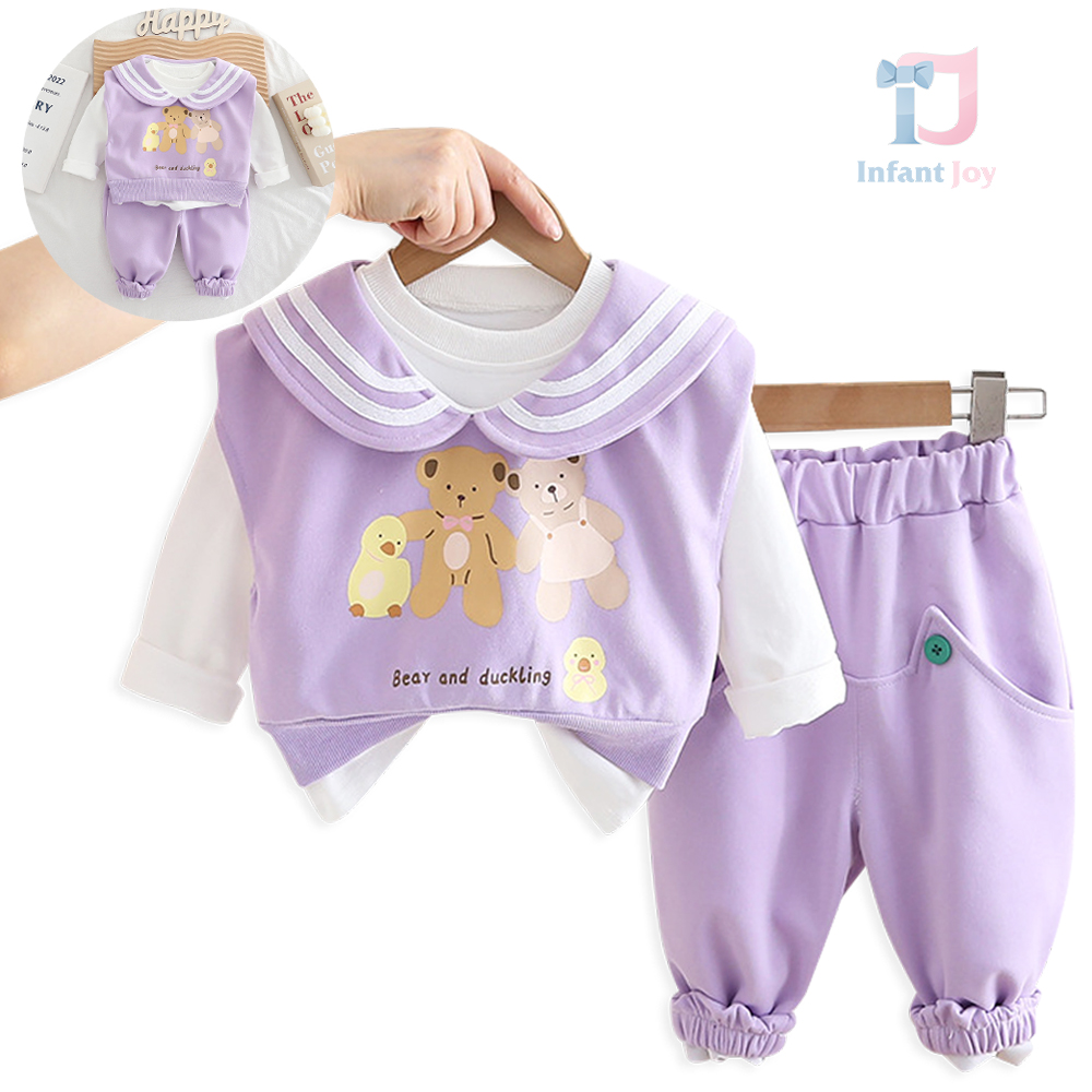 3-piece vest with peter pan collar, printed elements, classic blouse and trousers set Bear and Duckling Lilac