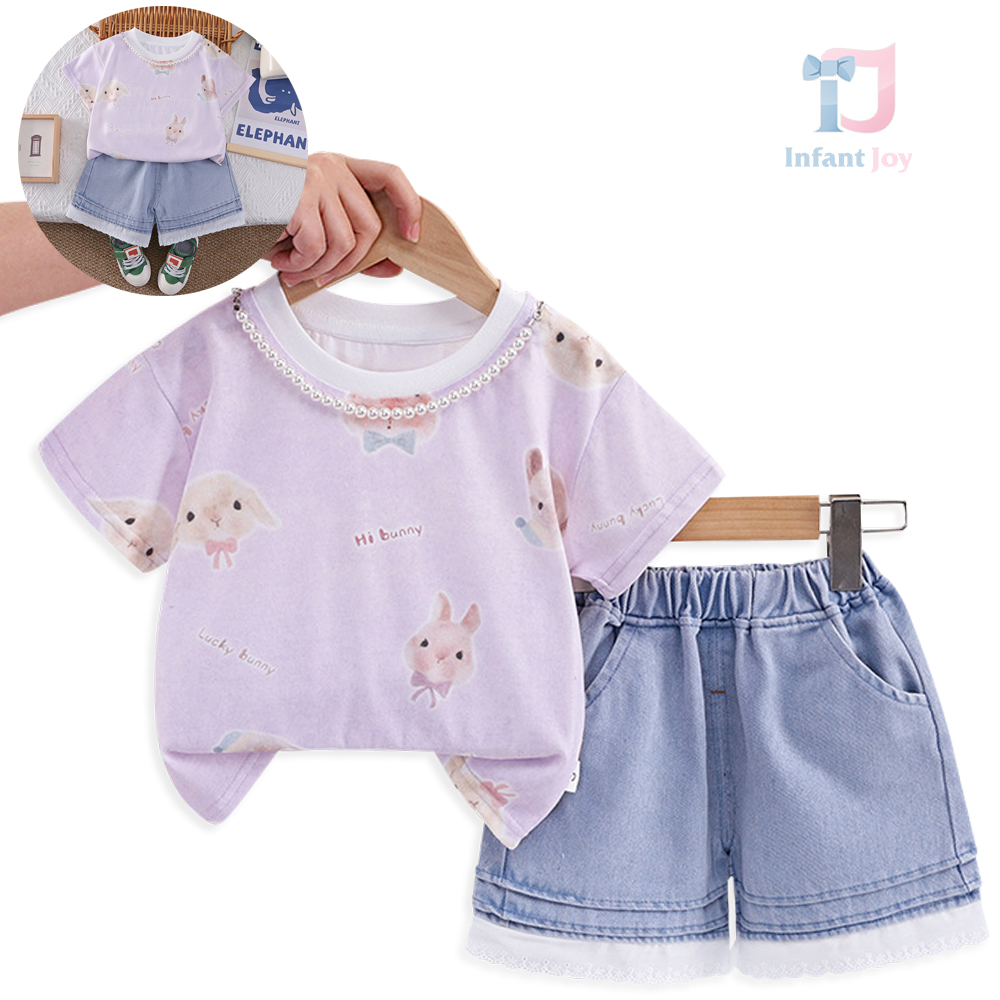 3-piece t-shirt and denim shorts set with multiple bunnies Hi Bunny Lilac