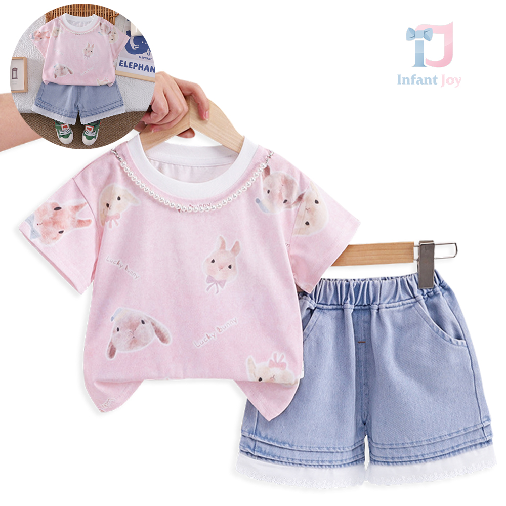 3-piece t-shirt with multiple bunnies and denim shorts set Hi Bunny Pink