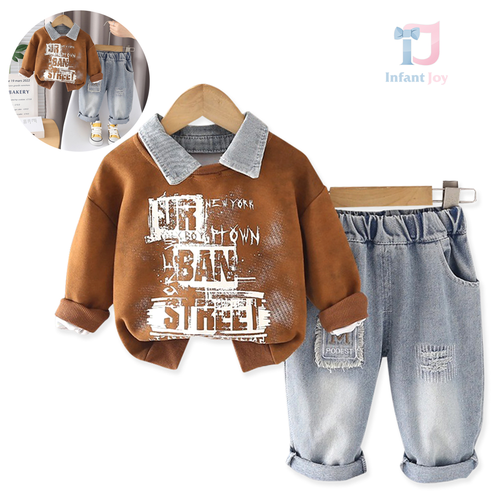 3-piece sweatshirt with prints, denim trousers and detachable denim collar Urban Street