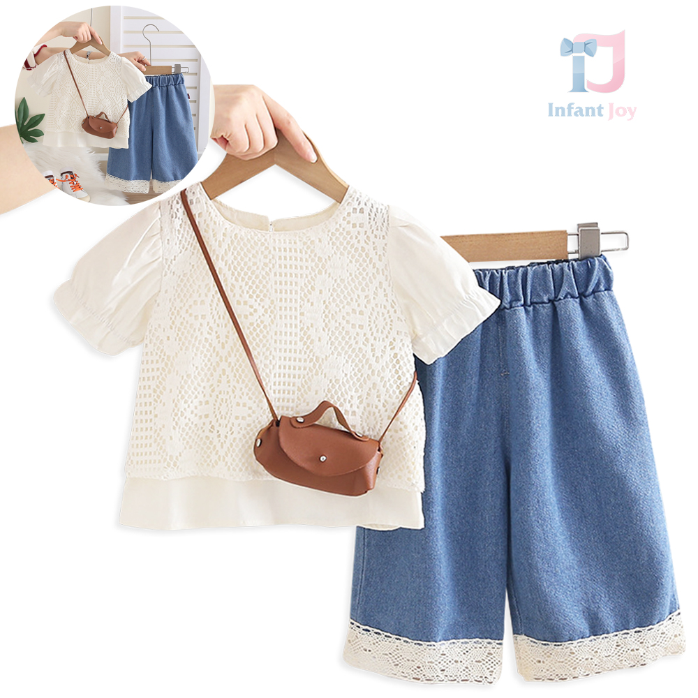 3-piece delicate set with airy lace blouse and denim trousers with trim Vanilla Whisper