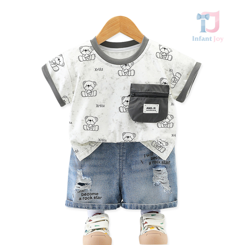 2-piece t-shirt with pocket and denim trousers set Rockstar Bear White