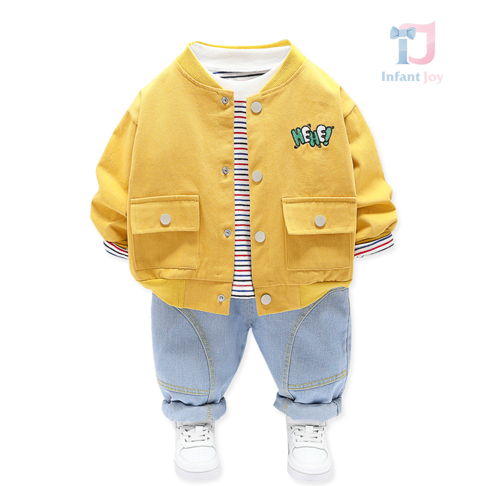3-piece jacket/bomber, striped blouse and denim trousers set Hehe Yellow
