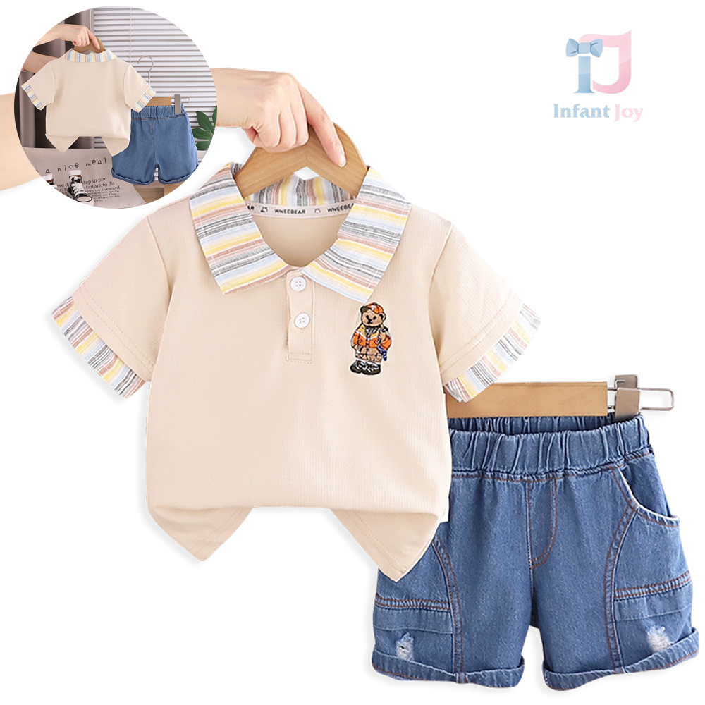 2-piece t-shirt with classic collar and denim trousers Little Cadet Beige