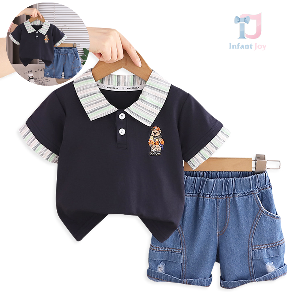2-piece t-shirt with classic collar and denim trousers Little Cadet