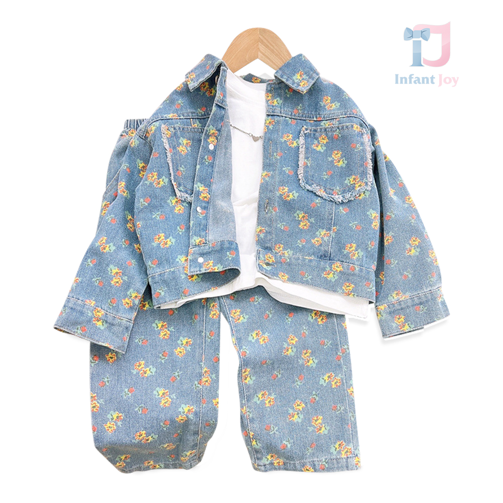 2-piece denim jacket and trousers set with floral pattern and classic collar Denim Bouquete