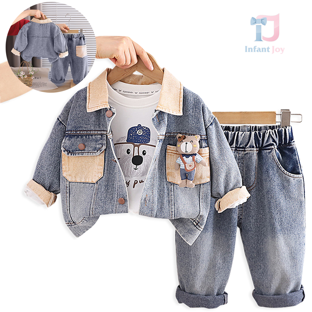 3-piece denim jacket with classic collar, printed blouse and trousers Denim Buddy