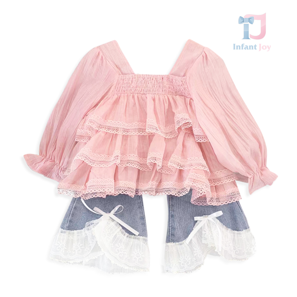 2-piece extravagant blouse with ruffles and denim trousers set Little Elegance Pink