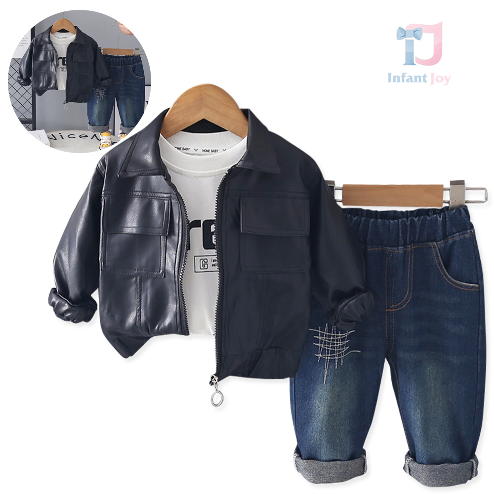 3-piece faux leather jacket, blouse and denim trousers set Little Maverick Black
