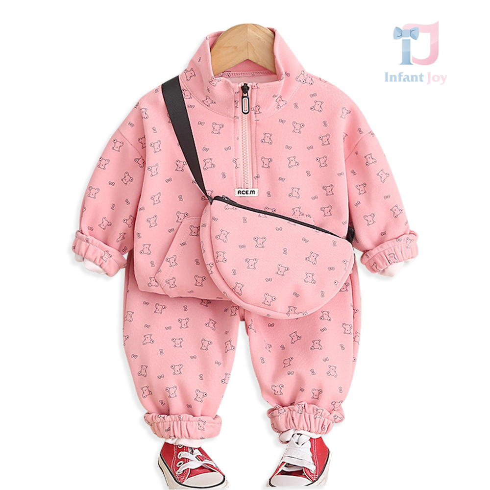 3-piece sports set of sweatshirt with high collar, trousers and crossbody bag Ace Bear Pink