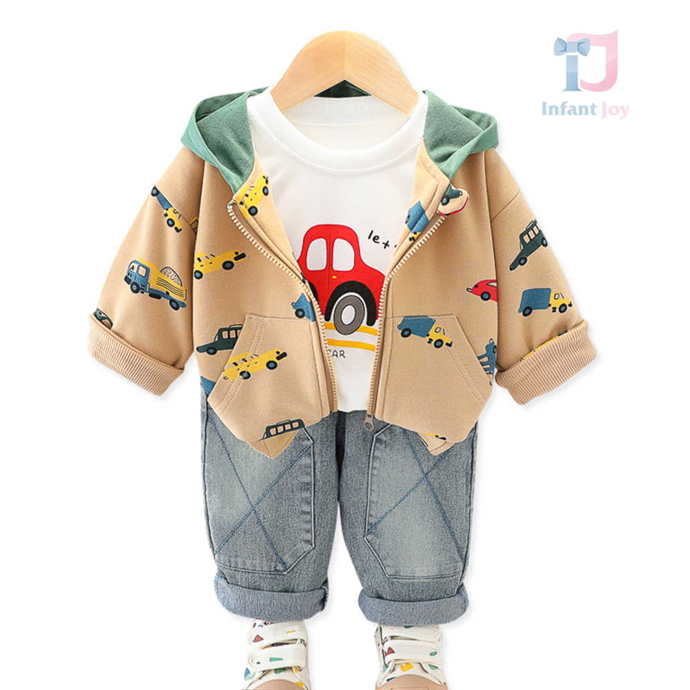 3-piece jacket/bomber with hood, t-shirt and denim trousers set Car Parade Beige
