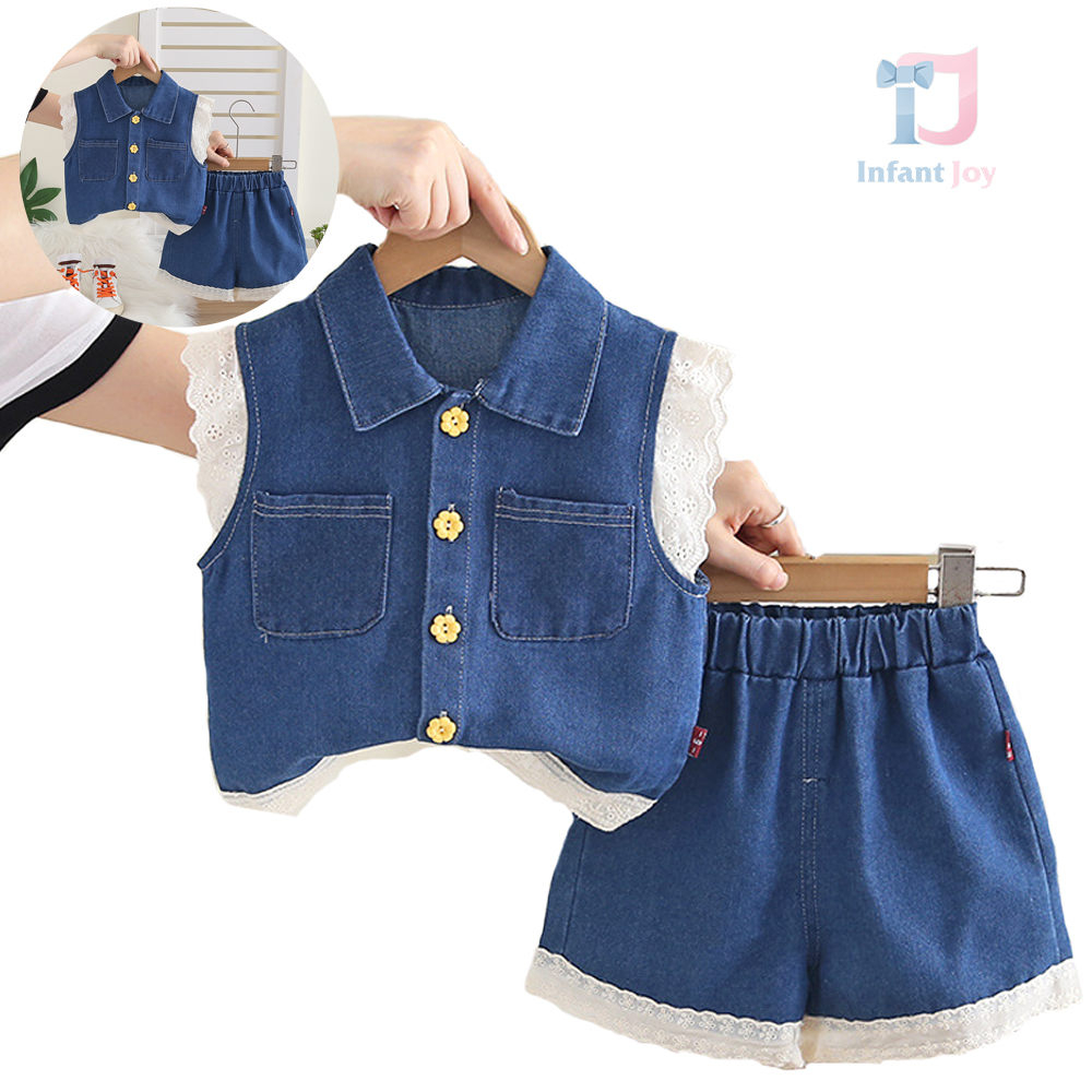 2-piece denim vest and shorts set with lace accents Lace Reverie Navy
