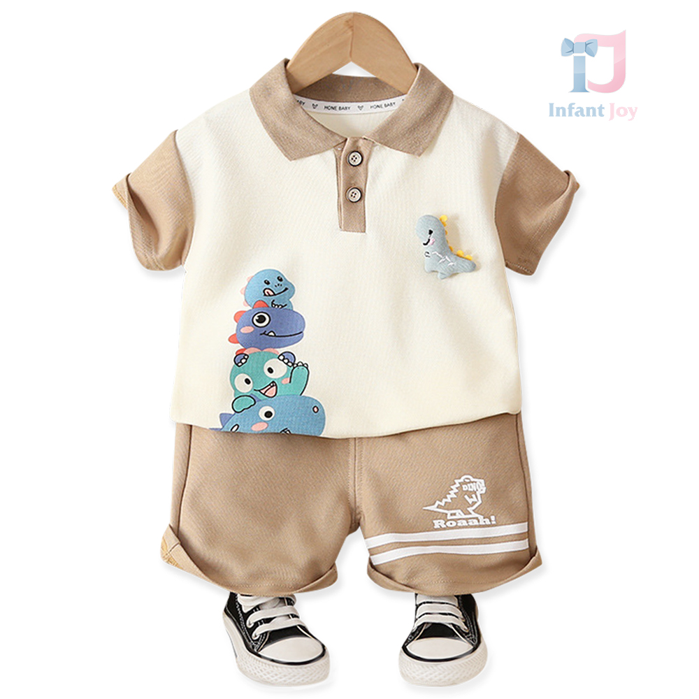 2-piece t-shirt with classic collar, 3d element and trousers set Roaah Dinos Beige