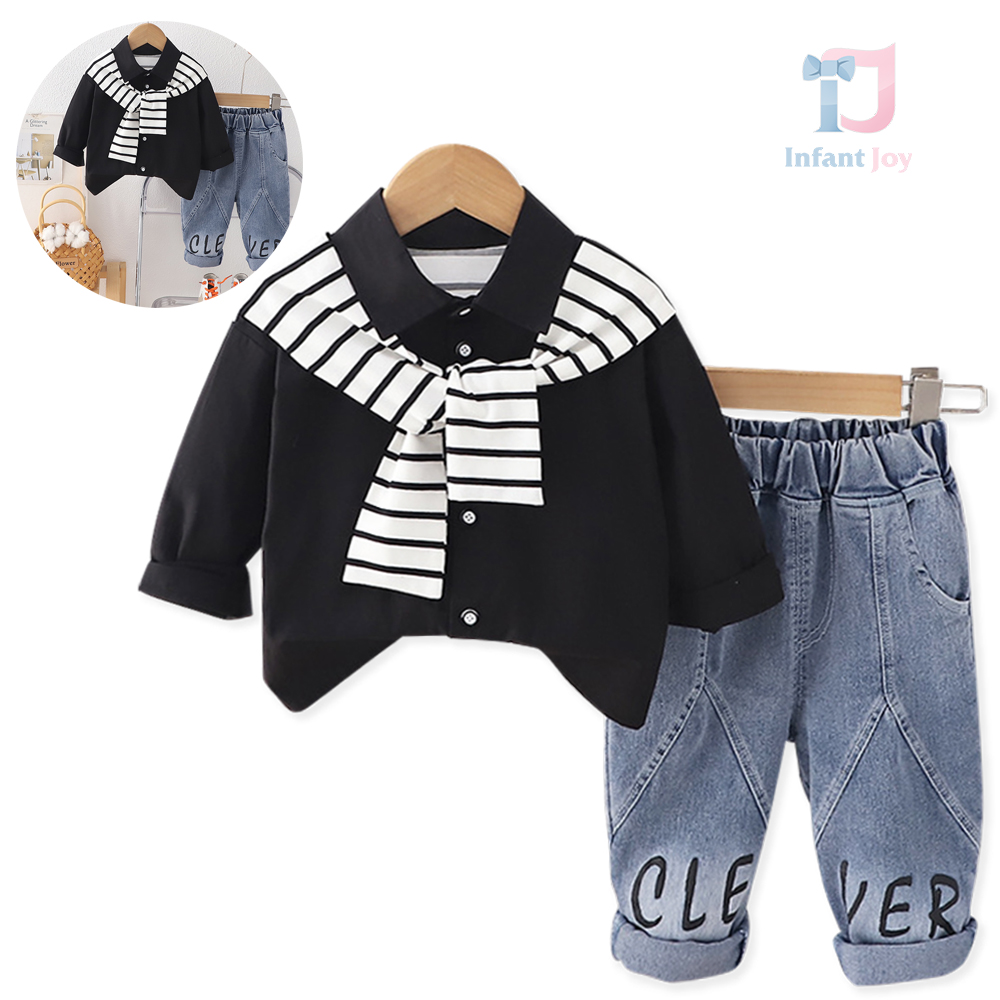 2-piece sport-elegant shirt and printed denim trousers set with scarf imitation Urban Edge Black