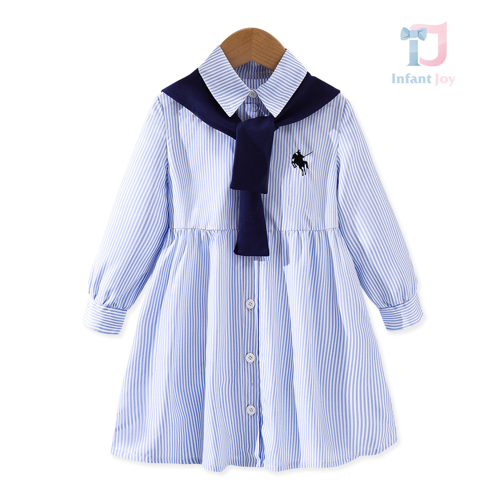 2-piece striped dress with buttons and scarf set Classy Girl Blue