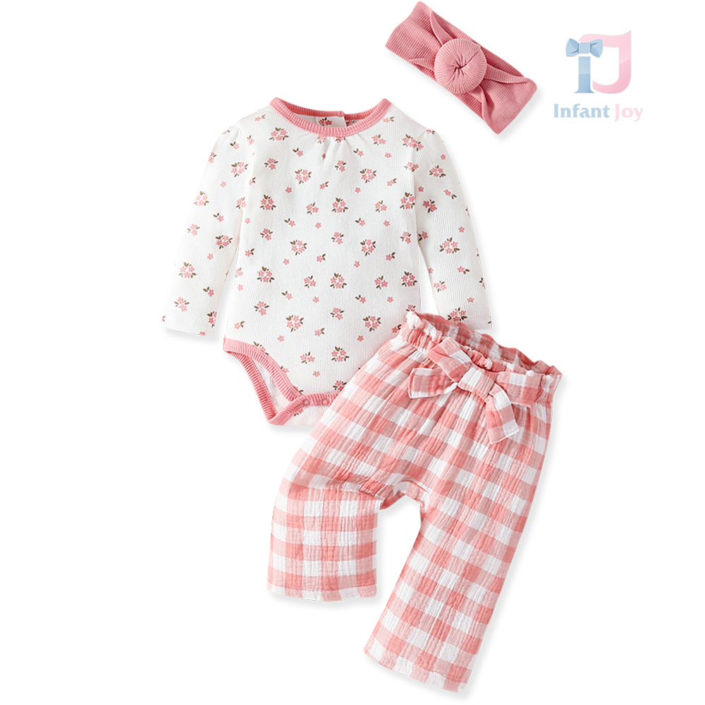 3-piece bodysuit, muslin trousers and headband set Pink Flowers