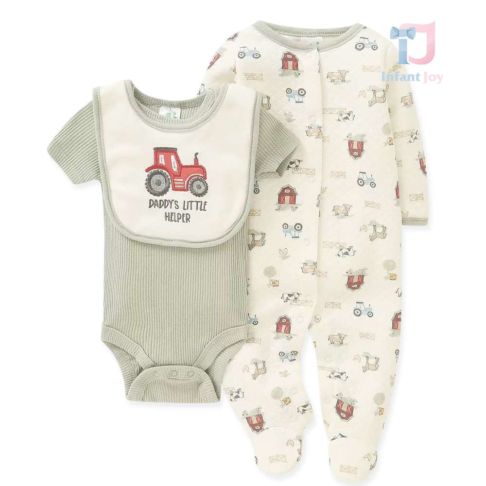 3-piece romper, bodysuit and bib set with farm print Daddys Helper