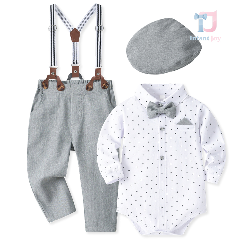 5-piece formal bodysuit/shirt with classic collar, trousers, suspenders and cap Little Gentleman Grey