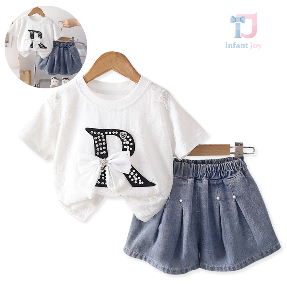 2-piece t-shirt with relief, 3d elements and short denim trousers Romantic Style White