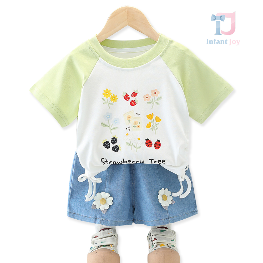 2-piece t-shirt with printed pattern and short denim trousers with 3d elements Strawberry Tree Green