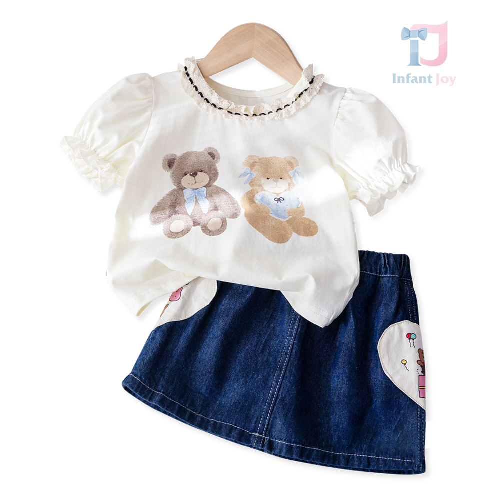 2-piece blouse with puff sleeve, ruffles and denim skirt set Sweet Bears